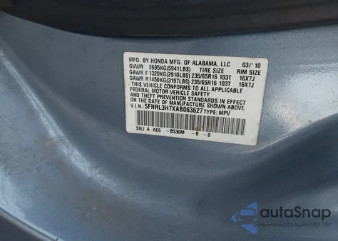 2010 Honda Odyssey Ex-L z USA, uszkodzony, nr VIN 5FNRL3H7XAB063627